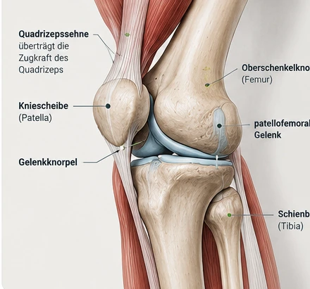 Illustrative Darstellung des Kniegelenks mit Quadrizepssehne, Patella, Oberschenkelknochen und Schienbein; keine originalgetreue Präparation oder biomechanische Messung